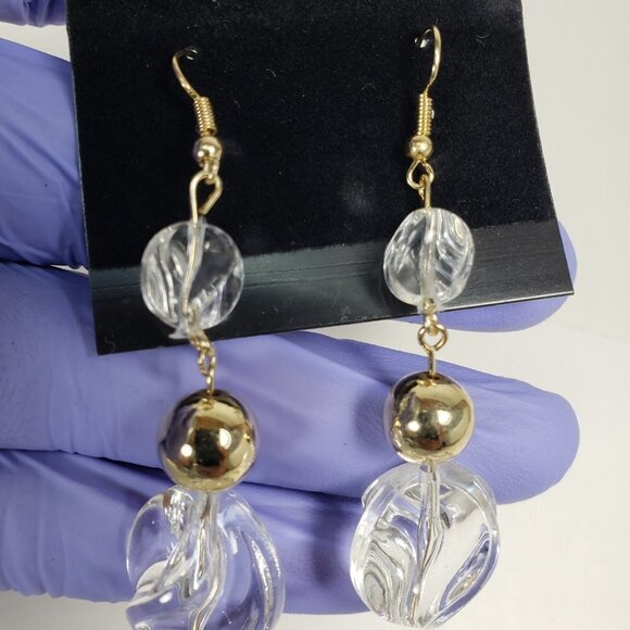 Clear Twisted Bead Drop Earrings w/ Gold tone Accent Modern Statement Dangle - Picture 7 of 10